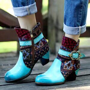 CrazycatZ Leather Vintage Bohemian Inspired Splicing Ankle Boots, Size 8
